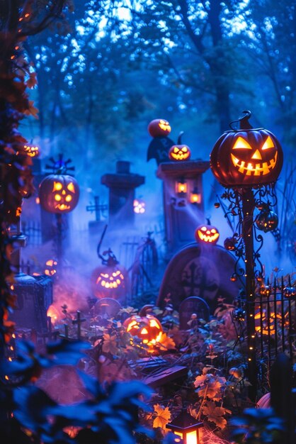 Graveyard covered in mist with glowing pumpkins and spooky Halloween decorations