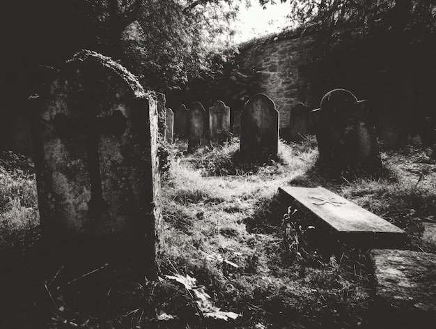 Photo graveyard headstones in black and white