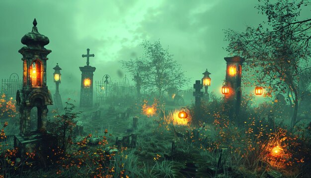 Photo graveyard with eerie halloween fog and glowing lanterns