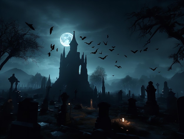 Graveyard with Ghosts and Bats