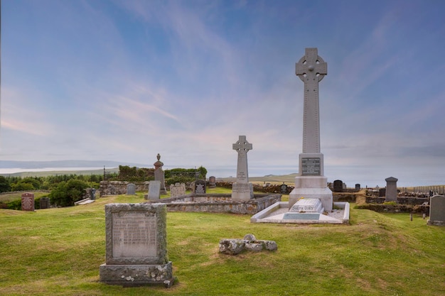 Graveyard with grave of knight Angus Martin near the Skye Museum of Island Life Kilmuir Scotland