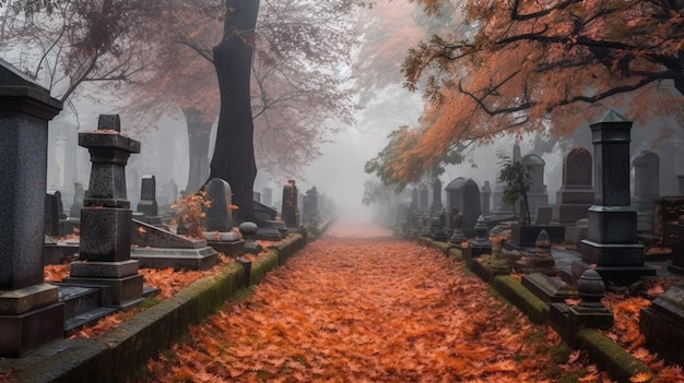 A graveyard with a red tree in the background and the word cemetery on the left.