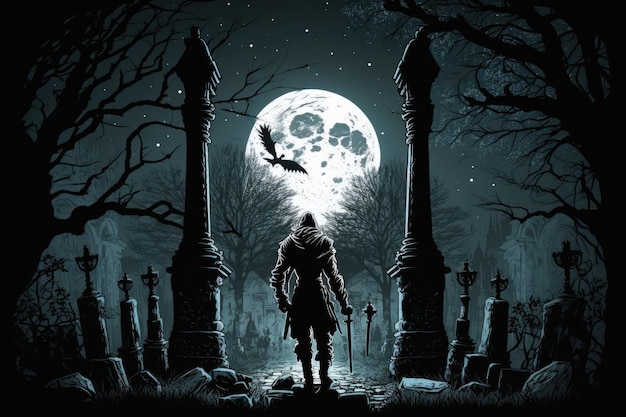 A graveyards zombie emerges on a spooky night