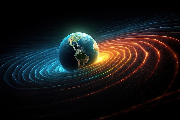 Gravity planet earth gravitational waves concept Physical and technology background Design with gravity grid and spheres line warp Curved spacetime In the general theory of relativity