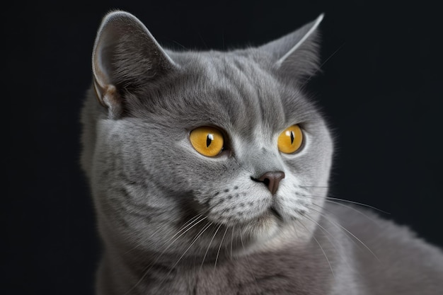 Gray adult cat looks persistently with yellow eyes a cunning expression and selective attention