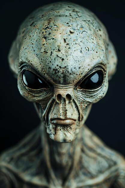 Gray alien with black eyes and no hair isolated on black background