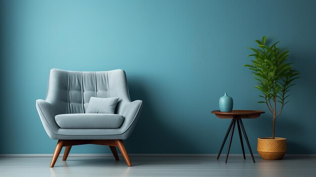 Gray Armchair in Blue Living Room with Copy Space