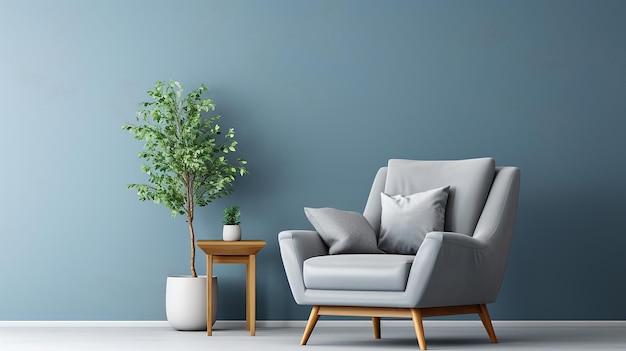 Gray Armchair in Blue Living Room with Copy Space