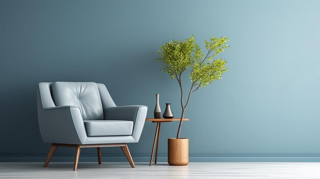 Gray Armchair in Blue Living Room with Copy Space