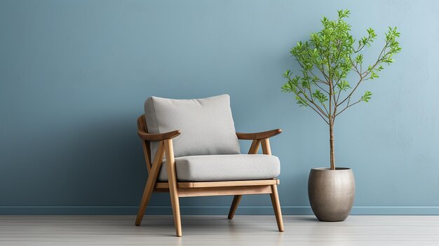 Gray Armchair in Blue Living Room with Copy Space