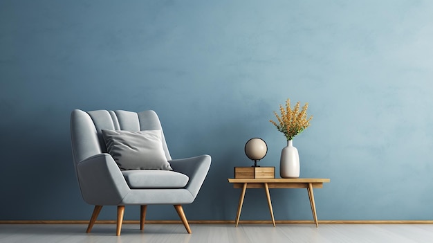 Gray Armchair in Blue Living Room with Copy Space