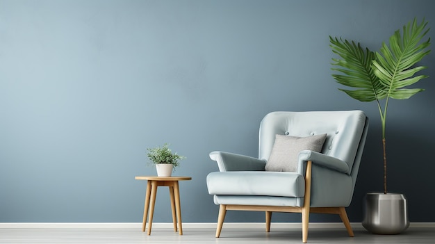 Gray Armchair in Blue Living Room with Copy Space