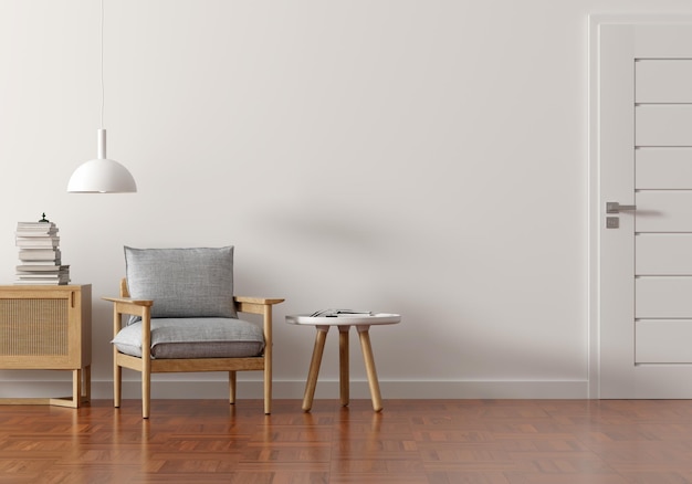 Gray armchair in living room with free space for mockup