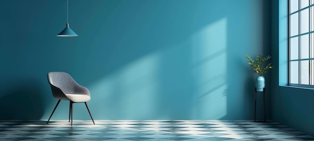 A gray armchair with black legs sits in an elegant room with blue walls and a black and white tiled floor natural light streaming in from a panoramic window and green potted plants Copy space