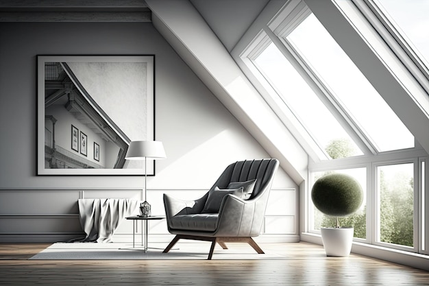 Gray armchair on wooden floor in attic living room with roof windows Poster simulated image