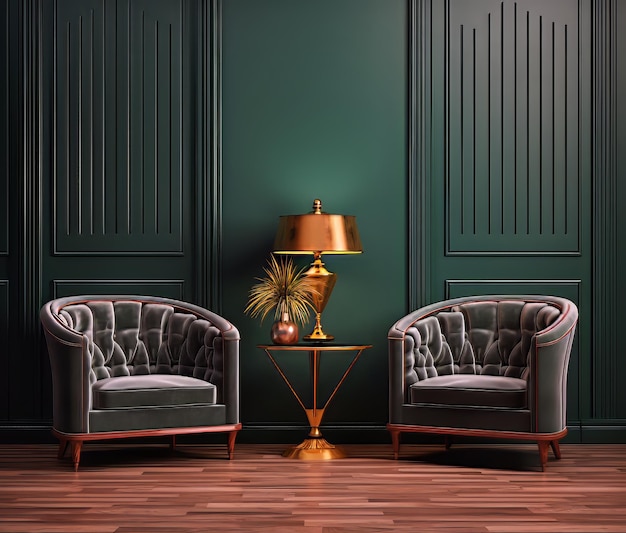 gray armchairs with coffee table in the middle and green wall