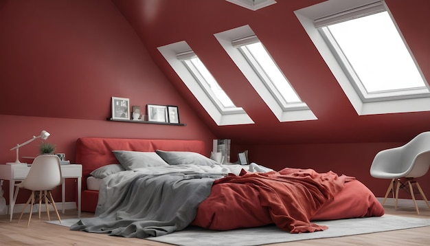 Gray attic bedroom with red kingsize bed and home office Elegant Rooflights mockup