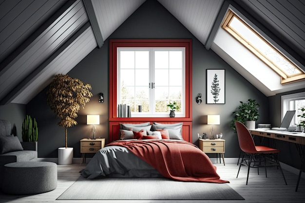 Gray attic bedroom with red kingsize bed and home office Elegant Rooflights mockup