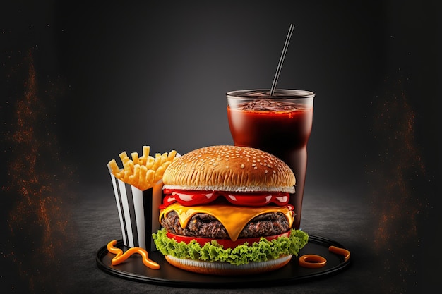 On a gray background a classic cheeseburger french fries and Coke are seen barbecue grill menu