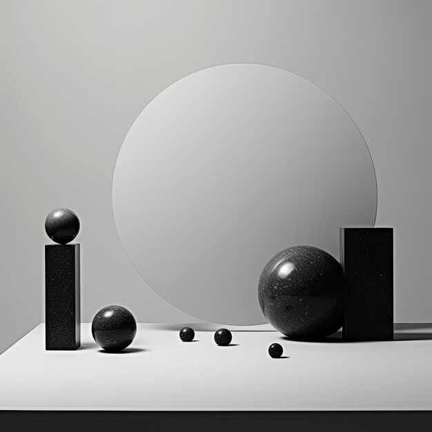 A gray background with black objects and a round ball