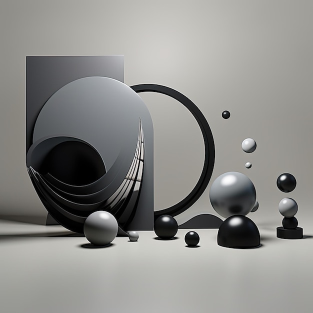 A gray background with black objects and a round ball