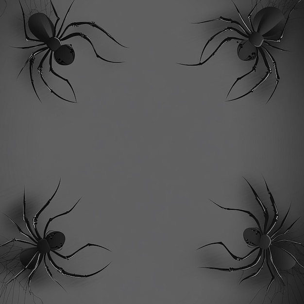 Photo gray background with four black spiders around edges