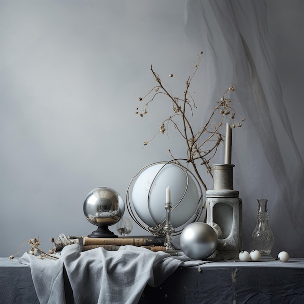 Photo a gray background with silver objects and a round ball