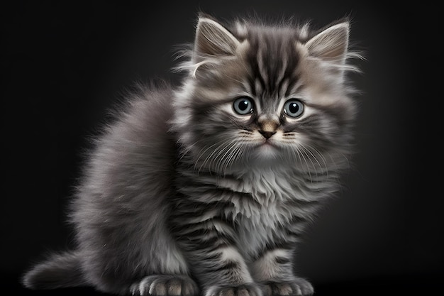 A gray and black cat with blue eyes is sitting on a black background.