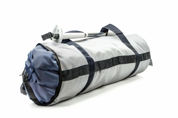 Photo a gray and blue travel bag with a telescoping pole resting upon it