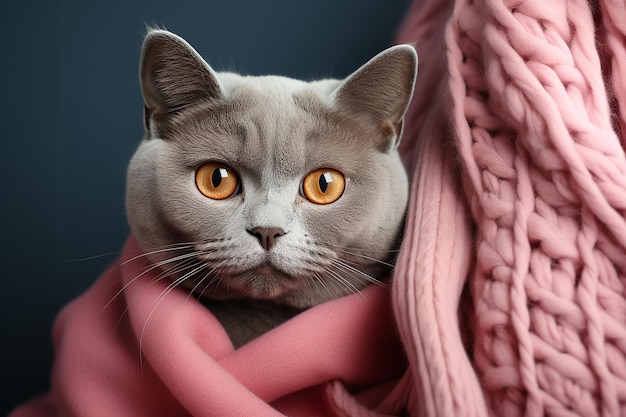 Gray British cat in clothes on dark pink background