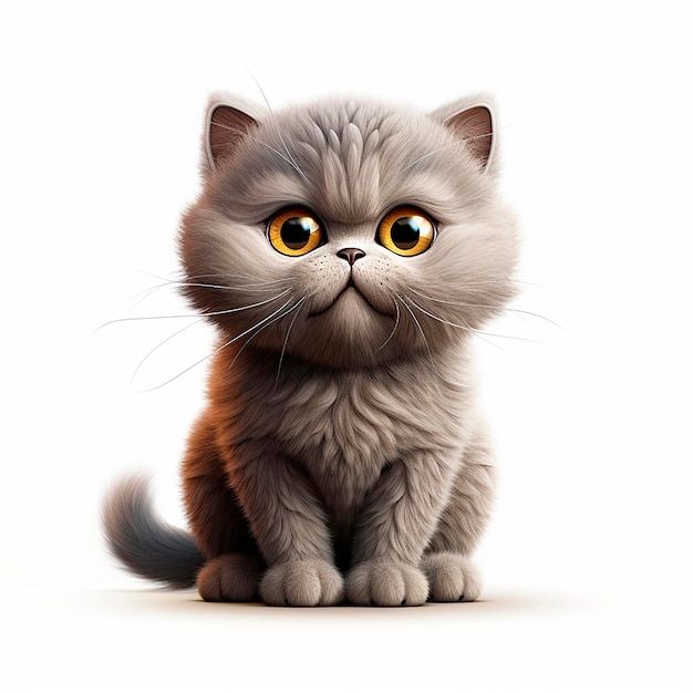 Gray british cat fluffy funny cute kitten 3d illustration on white unusual avatar cheerful pet