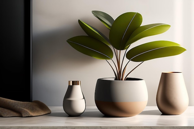 Gray brown white modern design clay vase with bamboo tree on stone counter table in sunlight leaf