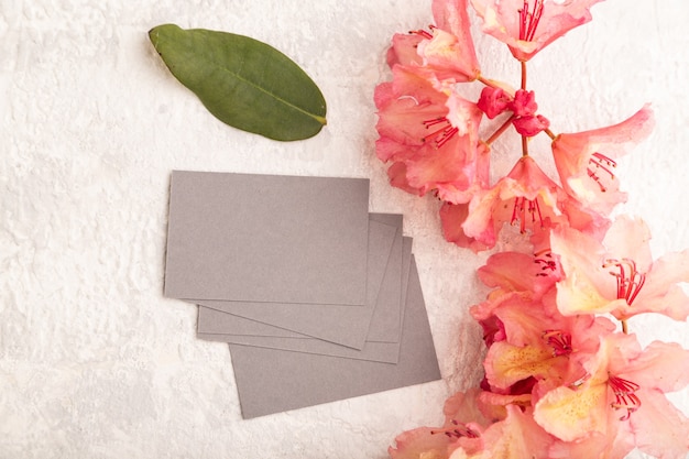 gray business card with pink azalea flowers on gray concrete background. top view, flat lay