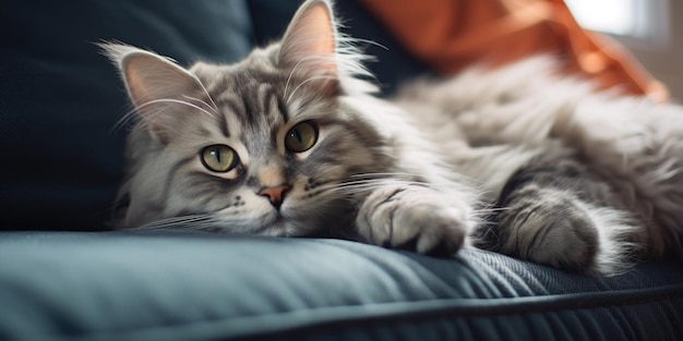 Gray cat on blue couch