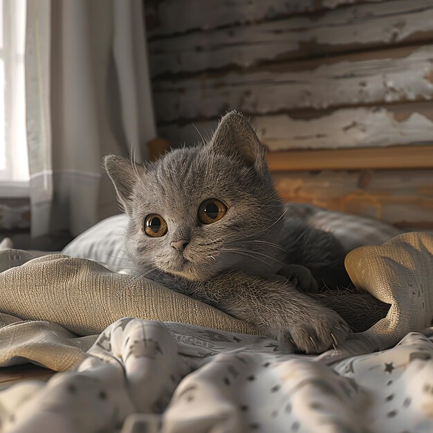 Photo a gray cat is laying on a bed with a blanket that says quot the word quot