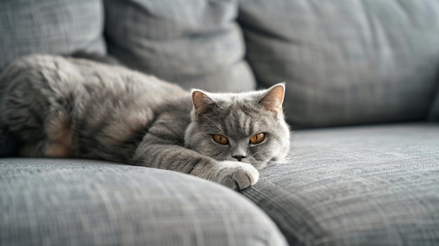 a gray cat laying on a couch with the word  on it