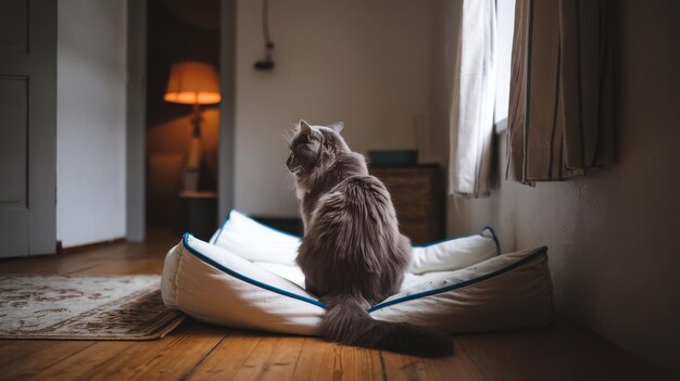 Gray cat looks away in the dark