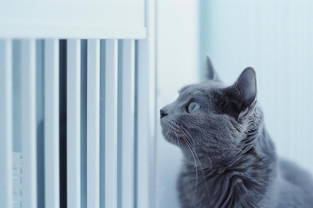 Gray cat on the radiator in the room Selective focus