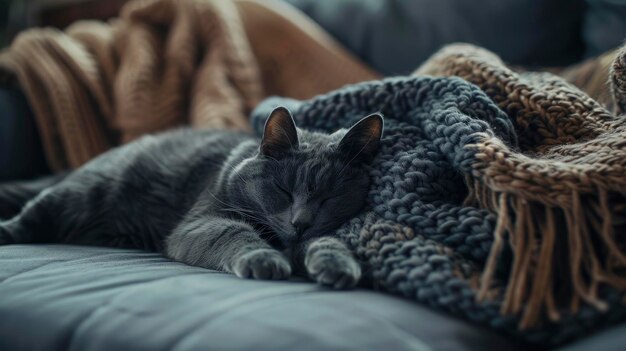 Gray cat sleeping lying on a cozy sofa warm living room with soft ambient lighting