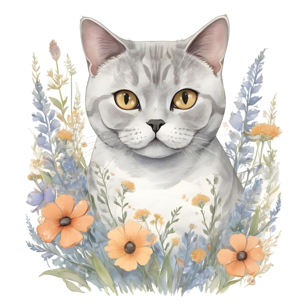 Gray cat surrounded by flowers watercolor drawing on white background