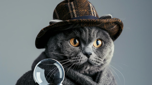 Photo a gray cat wearing a hat and holding a magnifying glass