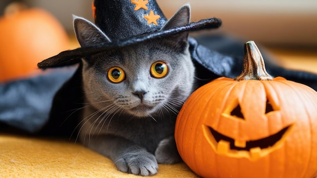 Photo gray cat in witch hat next to carved pumpkin