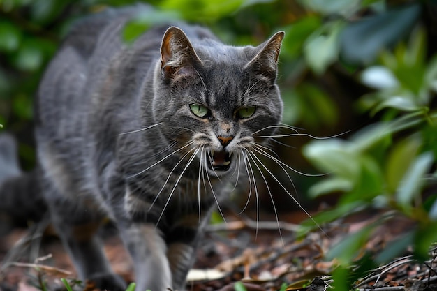 A gray cat with green eyes is standing on the ground in the garden