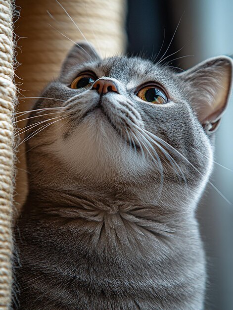 Photo a gray cat with a white whiskers looking up at the camera