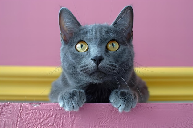 Photo a gray cat with yellow eyes is looking up