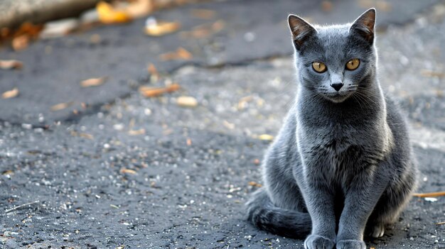 a gray cat with yellow eyes sits on the ground