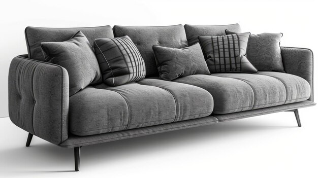 a gray couch with a black and white pattern on it