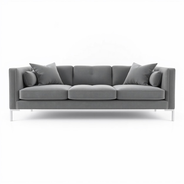 Photo a gray couch with gray pillows on it and a white background