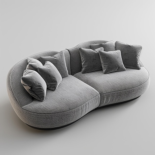 a gray couch with pillows on it and a white background