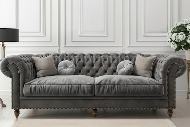 Photo a gray couch with pillows on it and a white wall behind it